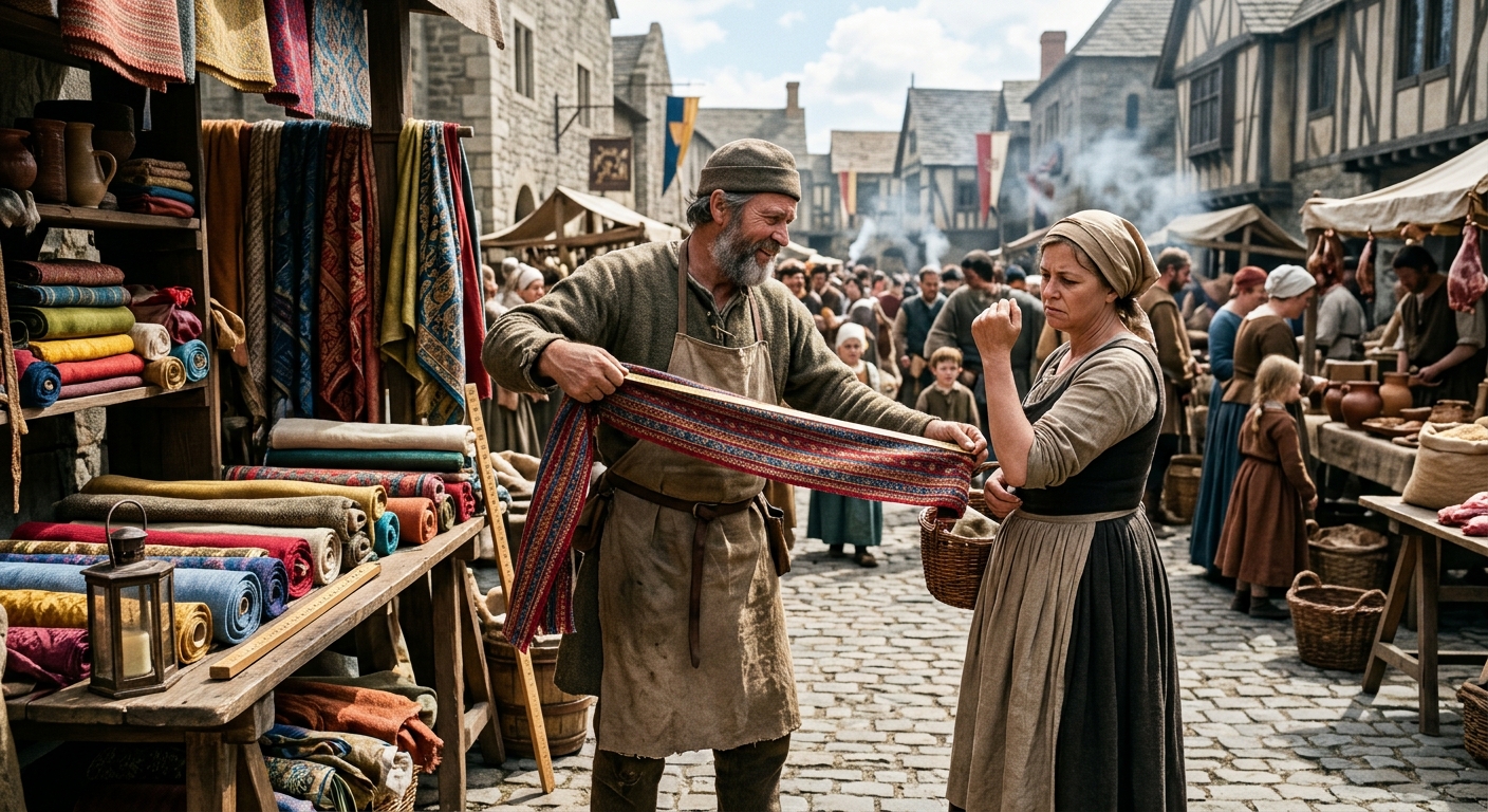 A busy market in an old European town. A cloth seller stretches a length of striped cloth between his hands while a woman with a basket frowns and holds up her own arm, as if to check his measure. Rolls of colourful cloth are piled on his wooden stall