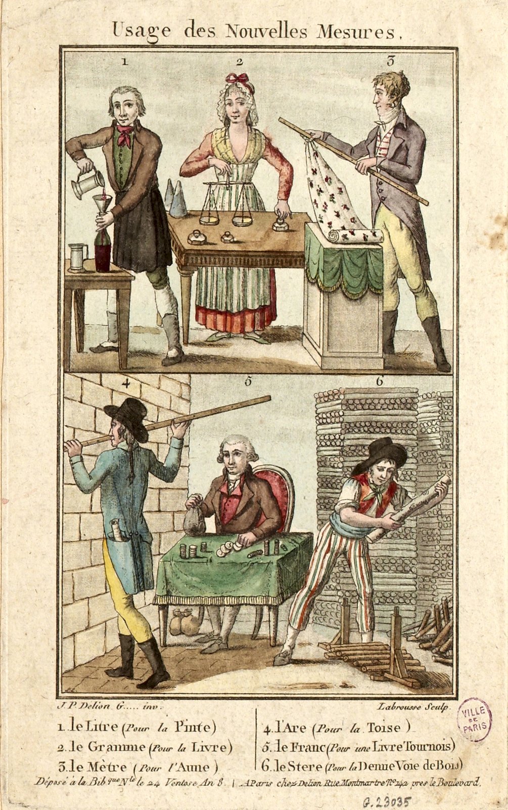 A coloured print in six scenes. A man pours wine through a funnel, a woman weighs on a balance, a man measures cloth with a rod, and others measure a wall, count coins and stack firewood.